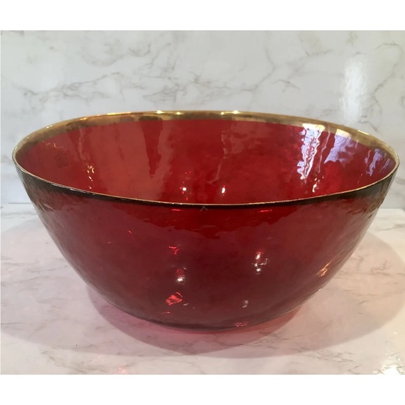Huge NWT 10 Strawberry St. Red Textured Glass Oversized Serving Bowl w/Gold Trim - Picture 9 of 9
